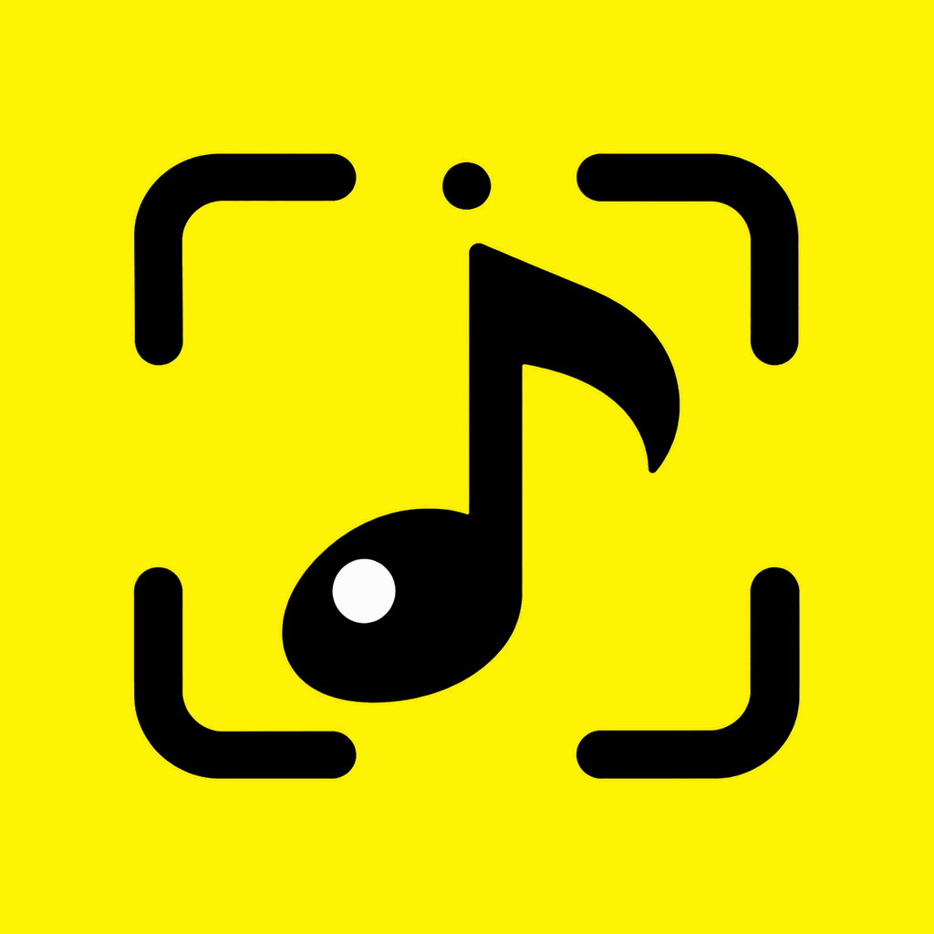 Music Wide Selfie logo: a black music note inside camera-frame corners on a yellow square